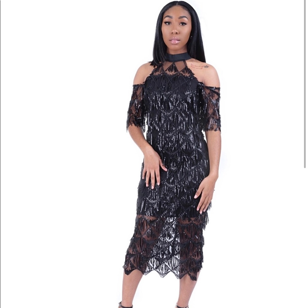 Sequin beaded open shoulder dress